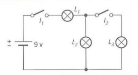 Montaje C1 con pila de 9 voltios, interruptores I1 e I2 y lámparas L1, L2 y L3